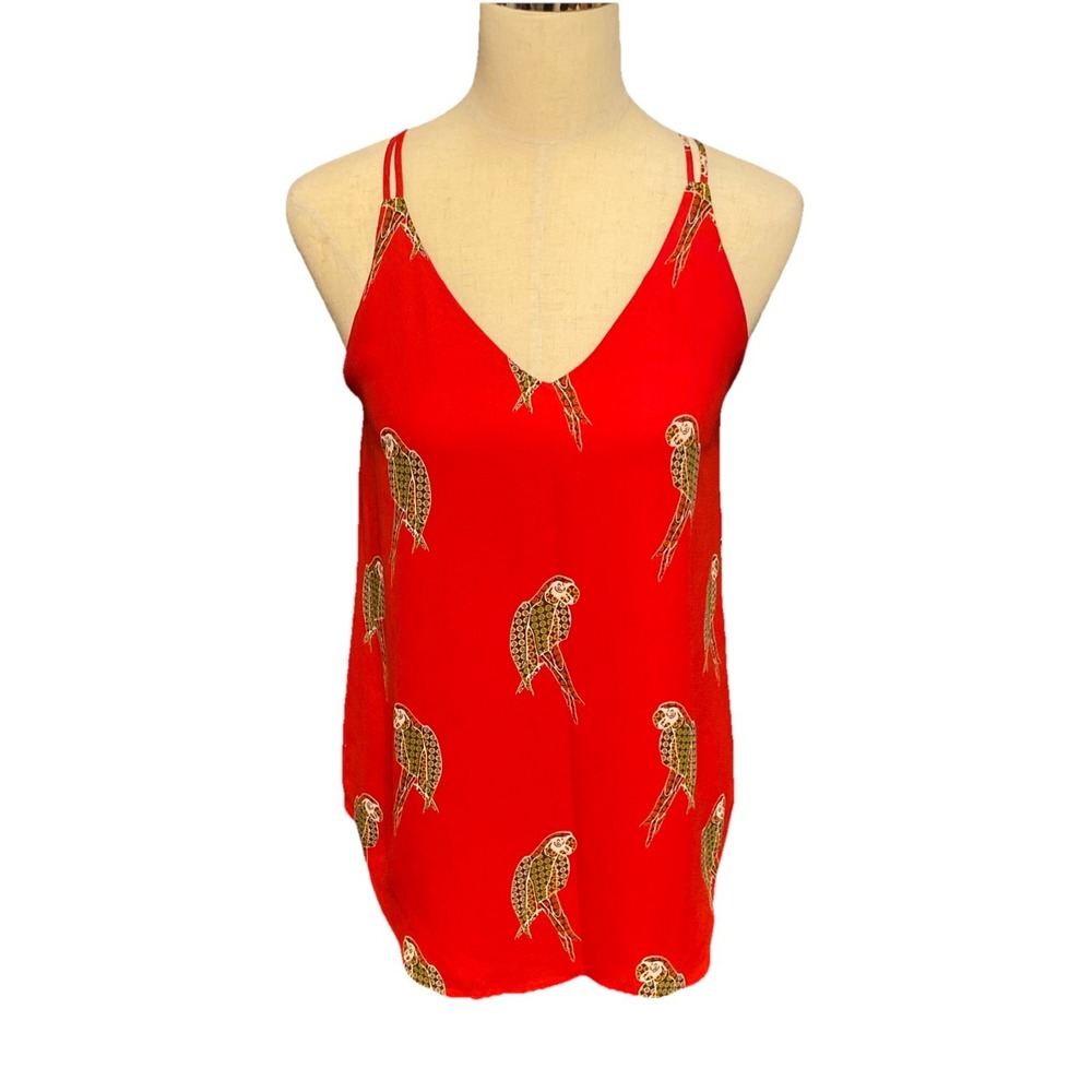 Loft Tank Top Blouse Red Tropical Birds Parrots Spaghetti Strap Women's Size XS